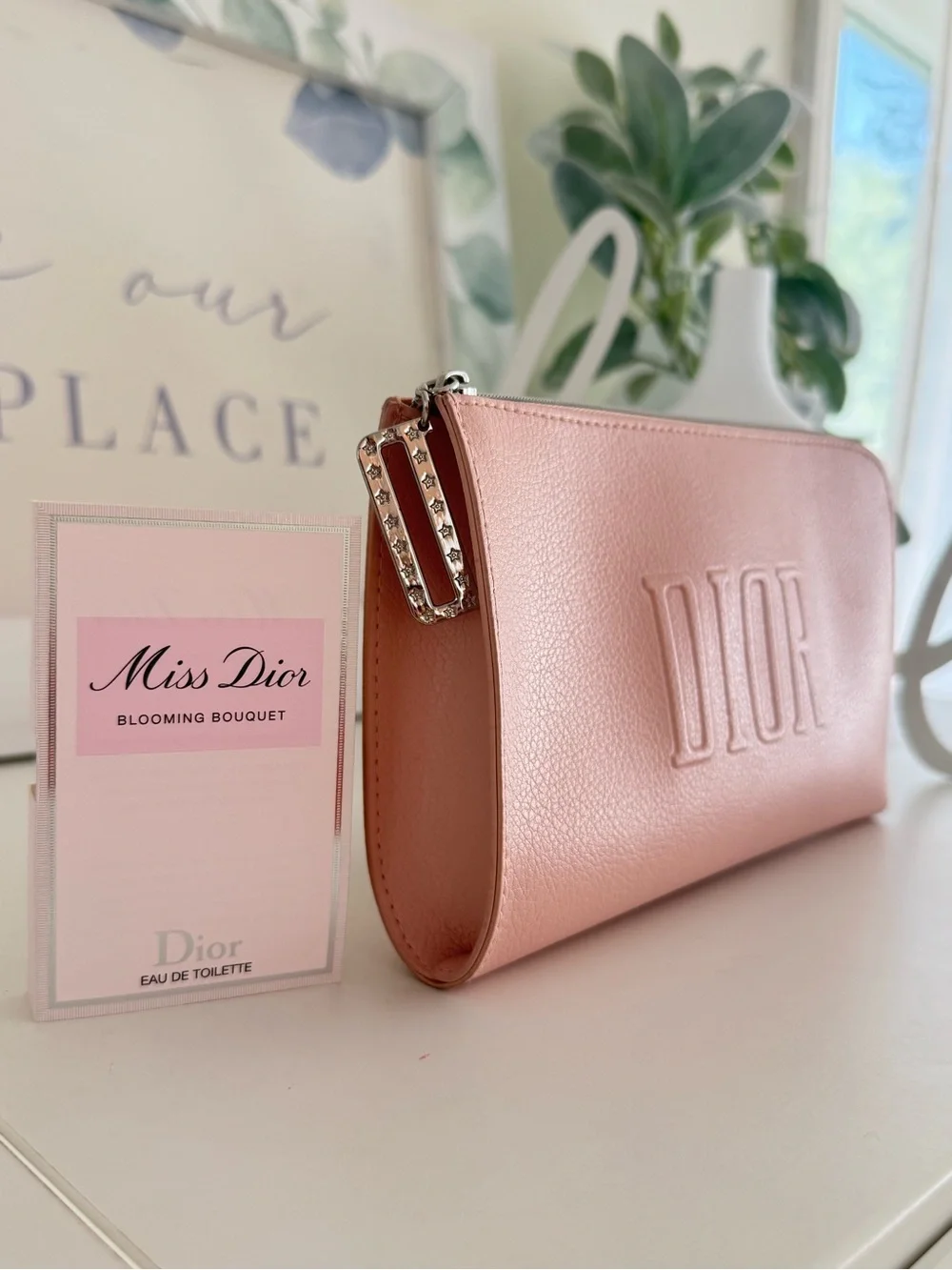 Dior Pink Embossed Leather Cosmetic Pouch with Free Miss Dior 0.03FL.OZ 🎀